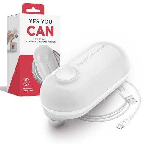Kitchen Mama Mini Plus Apriscatole elettrico ricaricabile: compatto, ricarica di tipo C, senza uso delle mani, spegnimento automatico, bordo liscio, sicuro per alimenti (bianco)