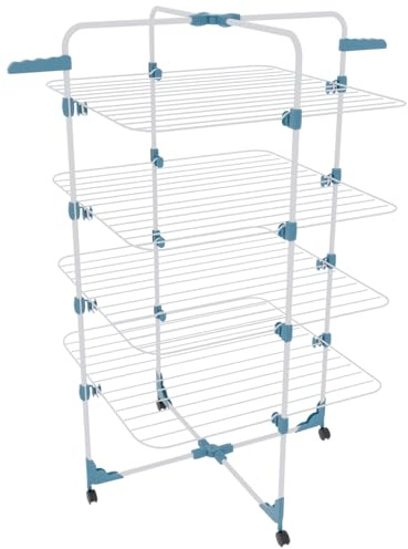 Bricozone Stendibiancheria Verticale con Rotelle Salvaspazio e Pieghevole in Acciaio con 4 Ripiani e 2 Supporti per Grucce per Stendere Biancheria Lenzuola e Abiti Misure 168,5x71x71cm (Bianco e Blu)