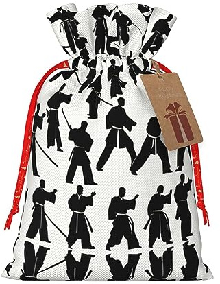 HJLUUFT Jutebeutel mit Silhouetten von Kampfsport-Druck, Weihnachtsgeschenktasche mit Kordelzug und Geschenkanhänger, für Hochzeit, Weihnachten, Party