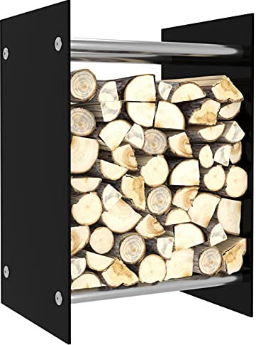 GUHPZA Portalegna Nero 40X35X60 Cm Vetro, Portalegna, Portalegna da Ardere, Ripiano per Deposito Legna, Portalegna in Metallo per Ventilazione per Esterni o Interni Set di Supporto per Legna
