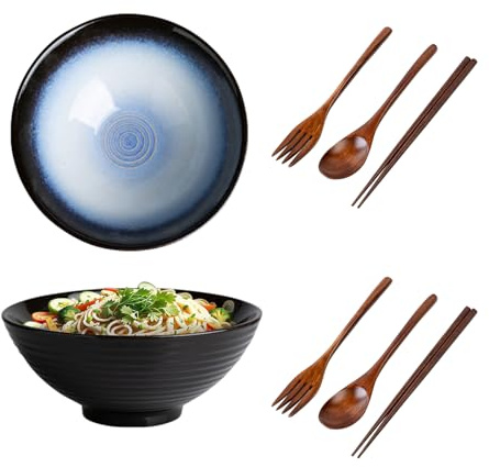 Lot de 2 bols à soupe avec baguettes, fourchette et cuillères, ensemble de bols à ramen de 1200ml, saladier en céramique pour nouilles Udon asiatiques, grand bol de 20cm (blanc-bleu)