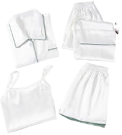 Pyjamasset i 4 delar för flickor och damer, satinpyjamas, sexig hemmadräkt, sidenpyjamas för sommar, nattkläder, kortärmat nattlinne, badrock med knappar, t-shirts, topp, lediga byxor, korta shorts