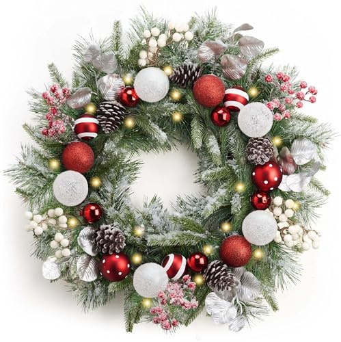Valery Madelyn 24'' Pre-Lit Christmas Wreath for Front Door with Light, Collapsible Lighted Outdoor Christmas Wreath with Red White Xmas Ball Norfolk Pine for Home Porch Fireplace Window Holiday Decor
