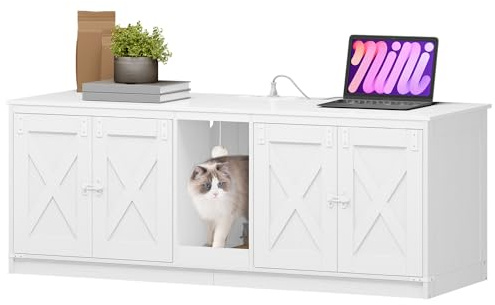 Hzuaneri Katzenschrank, 140 × 50 × 53,5 cm Katzenklo Schrank, Weiß | mit USB-Anschlüssen und Steckdosen, Katzentoilette für 2 Katzen, Katzenhaus für den Innenbereich mit Katzenglocke CB82513WEU