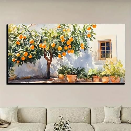 Vintage-Kunst, Orangenbaum-Türgemälde-Dekor, rustikales Landhaus-Stillleben, Wandkunstbild für Wohnzimmer, Heimposter, 70 x 140 cm, rahmenlos