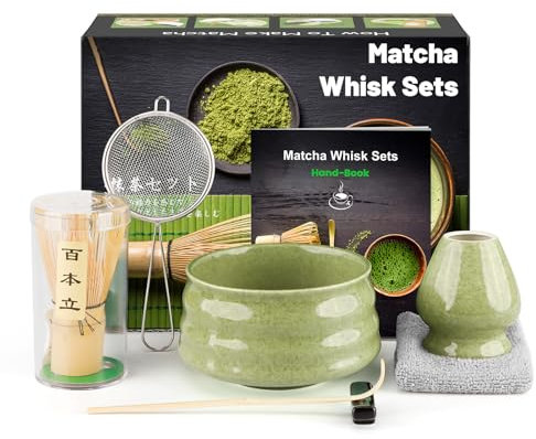 7 Pieces Japanese Matcha Ceremony Kit, Natural Bamboo Matcha Beater, Matcha Bowl, Bamboo Scoop, Strainer, Tea Towel, Whisk Holder, Complete Matcha Set, Spiral Green