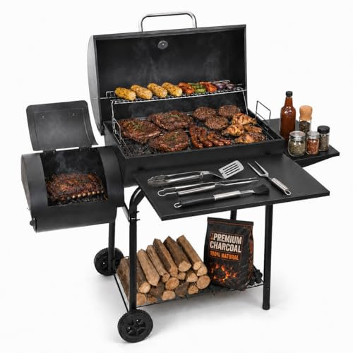 Charcoal BBQ Grill Offset Smoker: Large Coal Barbecue Barrel Drum Grills