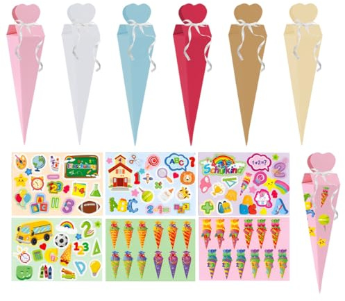 WUSJCOF 6 Stück Schultüte Jungen Mädchen Mit 6 Stück Aufkleber, Schultüte Klein, Kleine Schultüte, Kleine Zuckertüten, Mini Schultüte, Geschwister Schultüte, Für Schokolade Party Bonbons Kekse