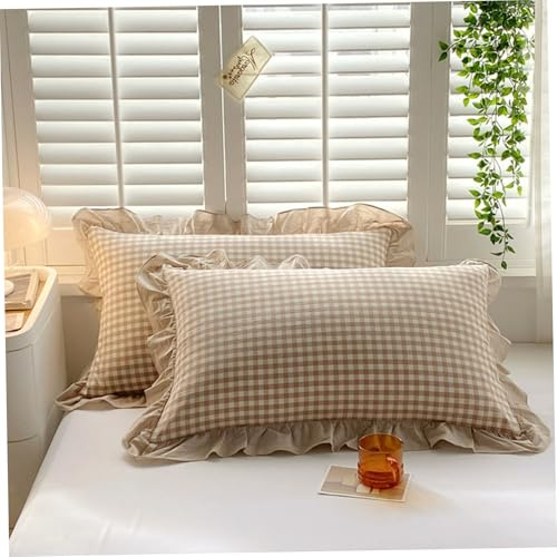 Cubiertas de Almohadas de 2 por ciento de 2 Piezas, Almohadas de algodón de algodón de 19x29 Pulgadas de, Cubiertas de Almohada a Cuadros con Borde de Volante, Lavable, Volante