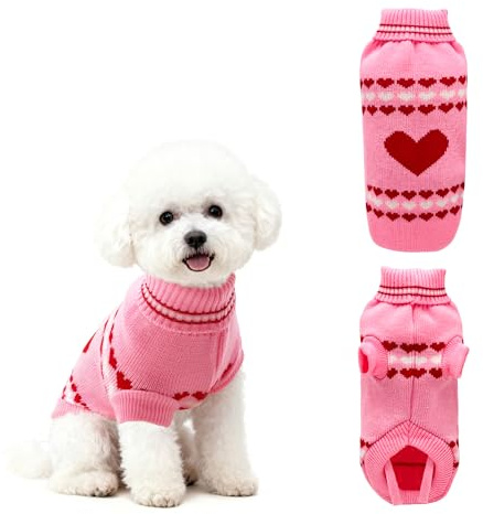 PawSailor Valentinstag Herz Hundepullover Rollkragen Gestrickter Rosa L | Warmer Welpenpullover, Weicher Feiertags-Hundepullover, Winterkleidung Für Katzen, Extra Kleine, Kleine Und Mittelgroße Hunde