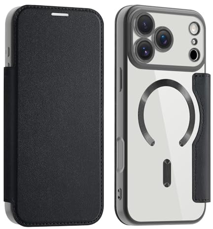 Unichthy Magnetic Flip Case for iPhone 17 Pro Clear Cover |RFID Blocking| Wallet Purse Shockproof Leather Stand Cover Individual Protection for Each Lens Phone Skin for iPhone 17 Pro Black
