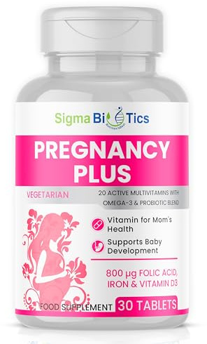 Pregnancy Tablets 20 Multivitamin with 800µg Folic Acid, D3, Iron, DHA, Omega-3, Probiotics Blend, Magnesium, All Trimester Pregnancy Support – 30 Vegetarian Tablets – One Month Supply