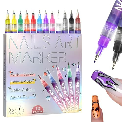 Nail Art Markers for Gel Nails, 12 Colors Nail Art Pens Set, DIY Nail Art Marker Drawing Painting Liner Pen for Home Salon, Quickly Dry Nail Art Nail DIY Decoration for Girls Women Men