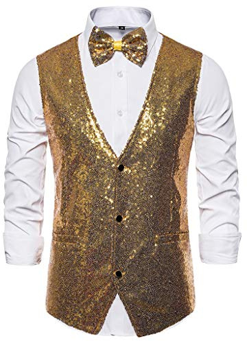 Gilet Costume Homme Ensemble,Gilet à Paillettes pour Hommes + Cravate,Sequin Veste à Paillette Gilets sans Manche,Tenue De Soiree pour Fête,Carnaval (Chemise Non Incluse)
