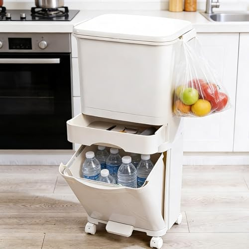 M.J COMFY-LIFE Dry and Wet Separation Trash Can, 42L 2-Tier Vertical Recycling Bins with Wheels,Compartment Kitchen Waste Sorter, Slim Pedal Bin with Lockable Casters