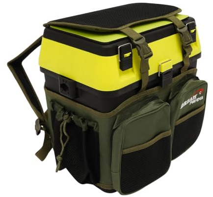 3-in-1 Angeltasche: Angelkoffer-Rucksack mit Sitzkiepe, 37,5*33,5*20,5 cm | tragbare Angelbox/Fishing Angeltasche/Sitz-Kiepe mit Tackle-Angelboxen für Zubehör im Deckel & Sitzfläche, Stabil & leicht