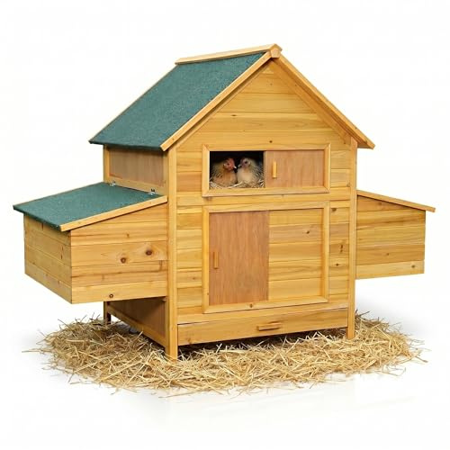 Mucola Hühnerstall Hühnerhaus mit Freilauf Holz 160x100x115,5 cm Natur | 2 Nestboxen mit 4 Nistplätzen von außen zugänglich, abnehmbares Dach, erhöhte Standfüße, 2 Sitzstangen, imprägniert, Fenster