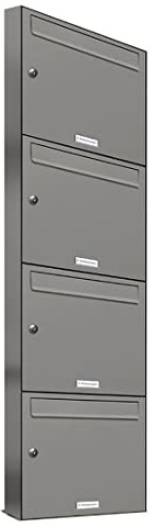 AL Briefkastensysteme 4er Briefkastenanlage Aluminiumgrau RAL 9007, Premium Briefkasten DIN A4, 4 Fach Postkasten modern Aufputz