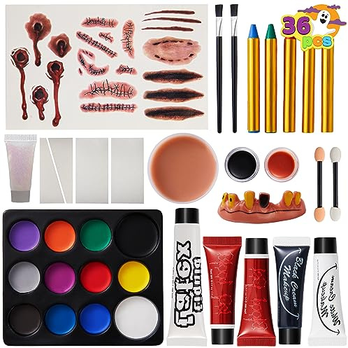 JOYIN 36 Pcs Halloween Face Paint Kit Makeup Set for Body Painting Party Cosplay Special Effects, All-in-1 Face Paint Palette Crayons Brushes Tooth Wax