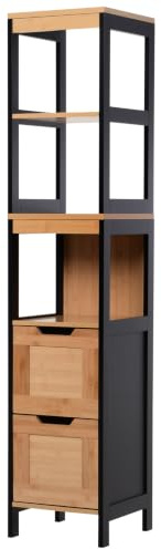 HOMCOM Meuble Colonne Rangement Salle de Bain 30L x 30l x 144H cm Noir | Style Cosy, 3 étagères, 2 tiroirs, Bambou