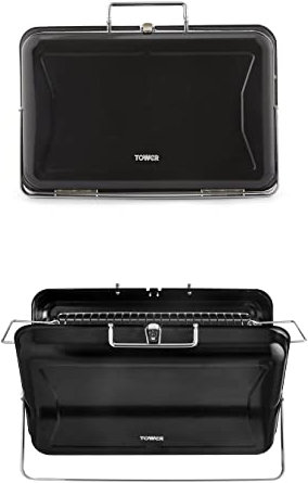 Tower T978516BLK Stealth Portable Charcoal Briefcase BBQ with Carry Handle, Compact Design, Black