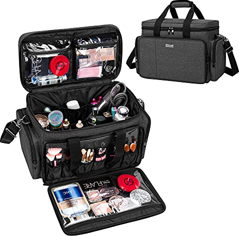 BAFASO Large Makeup Bag Cosmetic Bag with Removable Dividers, Travel Makeup Case Holds Cosmetics and Hair Supplies, Black