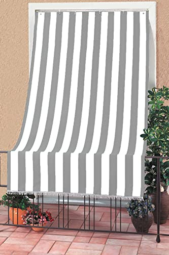 Tenda da Sole a Righe RIVERS per Balcone e Finestra Esterno, Poliestere Leggero, Filtra Luce Solare, Varie Misure e Colori, con Frange e Anelli di Plastica 145X250 CM RIGHE LARGHE GRIGIE