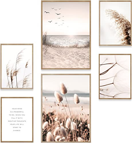 MUUDLY® Poster Set Meer & Pampasgras – 6 Natur-Wandbilder in Beige (2×A3, 4×A4) – Moderne Bilder für Wohnzimmer, Schlafzimmer, Büro, Flur – Stilvolle Deko ohne Rahmen