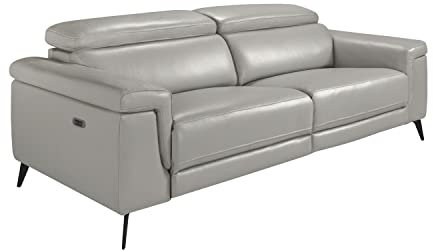 Ángel Cerdá - Divano 3 Posti in Pelle Vaccina Colore Grigio - Meccanismi Relax Elettrici e Poggiatesta Articolati - Struttura in Legno - Gambe in Acciaio Nero - Design Moderno - 215 x 103 x 99 cm