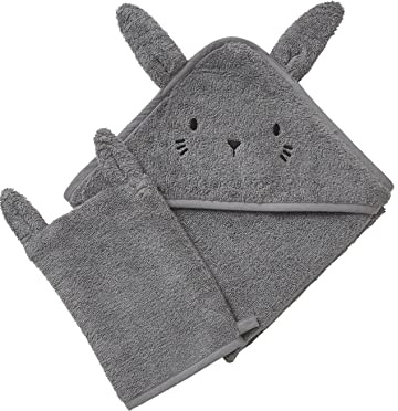 VERTBAUDET Kapuzenbadetuch + Handschuh, Bio-Baumwolle, Anthrazit, 70 x 70 cm