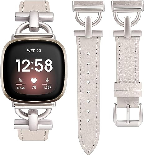 Wearlizer Lederarmband Kompatibel mit Fitbit Sense Armbänder/Versa 3/Versa 4/Sense 2 Armbänder Damen, Dressy Lederband mit D-Shape für Versa 3/Sense Smartwatch, Polarstern