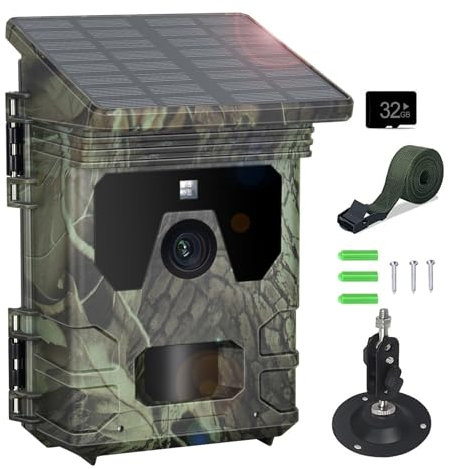 Caméra de Chasse Solaire 4K 50MP, Caméra Surveillance Vision Nocturne Infrarouge Détecteur de Movement, Temps de Déclenchement 0,1s IP66 Etanche Intervalle PIR pour l'observation, avec Carte SD 32 Go