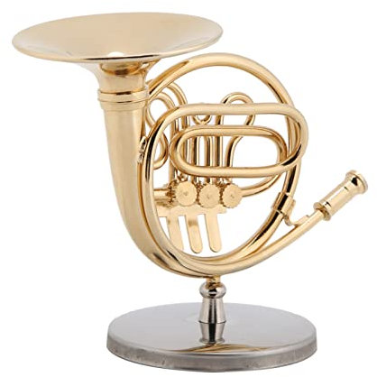 Fuerdich Miniatur-Waldhorn-Nachbildung, 10,2 cm Messinghandwerk, Waldhorn-Modell, Mini-Musikinstrument-Ornamente Mit Ständer Für Weihnachts- Und Geburtstagsgeschenk (Golden)