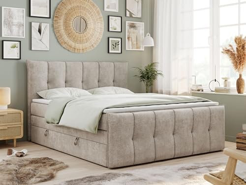 MKS MEBLE King Boxspringbett 180x200, Boxspringbett 180x200 mit Bettkasten und Matratze H3, Polsterbett 180x200 mit Matratze, Bett 180x200 mit Bettkasten - PREMIUM-11-KING- Beige Struktur - H3