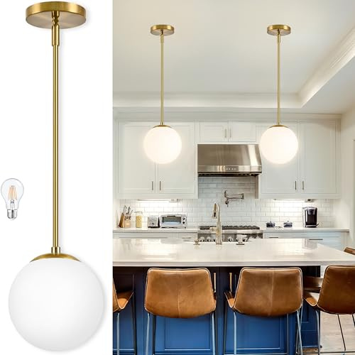 Bagood 8 Globe Pendant Light Gold Mid Century Modern Light Fixture Globe Pendant Lights Kitchen Island Milk Glass Pendant Light Brushed Brass Finished with Milk Glass Lampshade for Dining Room