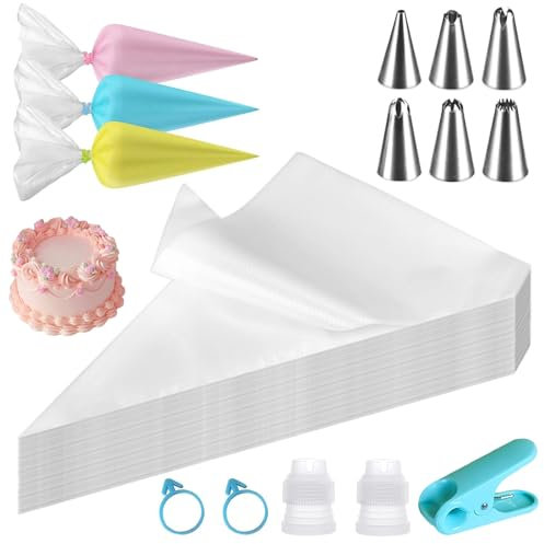 111 Pcs Piping Bag and Nozzles Set, 12 Inch Disposable Clear Piping Bags with 6 Reusable Nozzles, 2 Couplers, 2 Bag Ties, 1 Baking Clip, Large Icing Piping Bag Pastry Bags for Dessert Cake Decoration