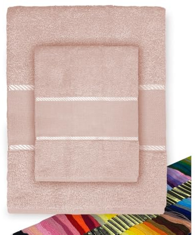 Tex family Set Asciugamani Spugna Personalizzati con Nome in Cotone 100% Punto Croce 1+1 Viso e Ospite - Rosa Cipria