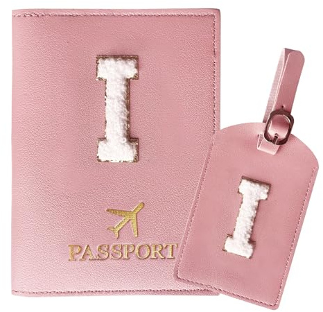 ZVRSUA Reisepasshülle Rosa und Kofferanhänger Set mit Buchstabe I, Passport Hülle Reise Gadgets und Travel Essentials Hülle Reisepass,Geschenk für Frauen/Teenager/Mädchen/Kind(I)