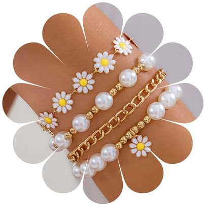 Cybche Vintage Daisy Blumenarmband Gold Perle Perlenarmband Blume Perle Armbänder Blumenarmband Armband Einstellbares Perlenhandkettenarmband Schmuck für Frauen