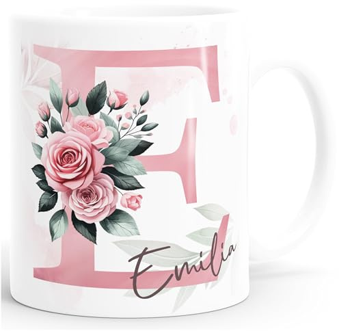SpecialMe® Kaffee-Tasse Initiale Monogramm personalisiert mit Namen Blumen Blüten Rosen persönliche Geschenke Weiss standard