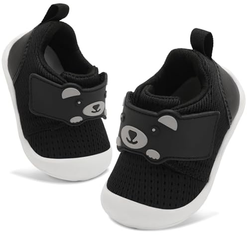 JOINFREE Baby Walking Wide Shoes Infant Boys Girls Breathable Barefoot Shoes Crib Tennis Shoes Lightweight Non-Slip Sneakers First Walkers Black 12-18Months