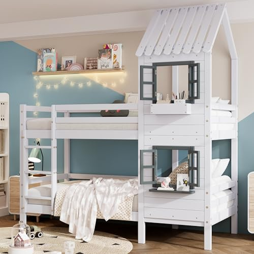 Kinderbett Etagenbett 90x200, Hochbett für 2 Kinder, Hausbett mit Leiter&2 Fenster&Dach, Doppelbett Holzbett Stockbett Jugendbett Bettrahmen mit Lattenrost&Rausfallschutz, Kiefer, Ohne Matratze,Weiß