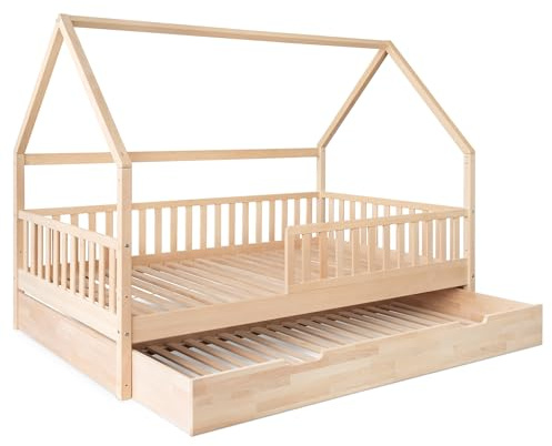 Ehrenkind® Hausbett Buche Livo | FSC Zertifiziert | Kinderbett mit Rausfallschutz | höhenverstellbar Massivholz | Kinder Bett | Hausbett 120x200 cm | Natur mit Bettkasten