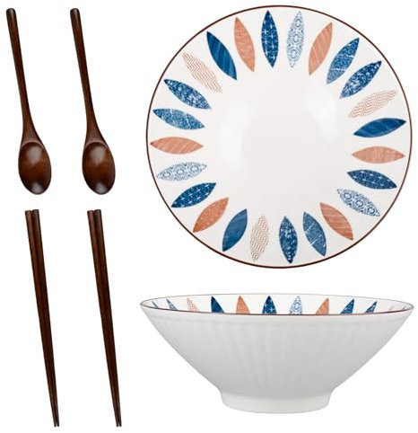CZCMYAU Ceramic Ramen Bowl Set with Chopsticks and Spoons Porcelain 8 Inch Microwave Safe Noodle Bowls for Japanese Ramen Pasta Pho Udon Asian Soup Mixing Salad Dishes Snack Cereal Food