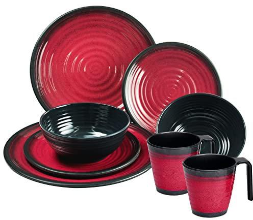 Melamin Geschirr Set Rot Schwarz für 2 Personen 8 Teile mit Stapeltassen Tonoptik - Essgeschirr - Campinggeschirr Picknick ideal für Camping modern Outdoor