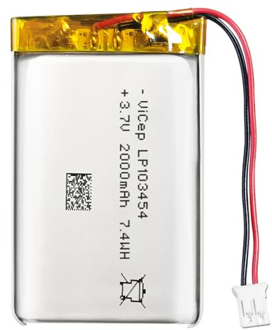 ViCep Batería de polímero de Litio de 3,7V 2000mAh 103454 Conector JST | Recargable para altavoces Bluetooth y dispositivos inalámbricos. Confirme el tamaño y la polaridad antes de comprar