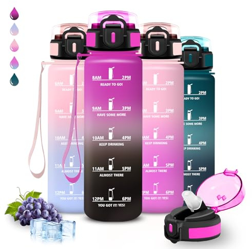 Borraccia 1 litro, Borraccia con Cannuccia, Senza Perdite, Water Bottle Palestra, Facile da Pulire, Bottiglia Graduata, Con Slogan Motivazionale, Borracce per Fitness, Sport, Campeggio, Escursionismo