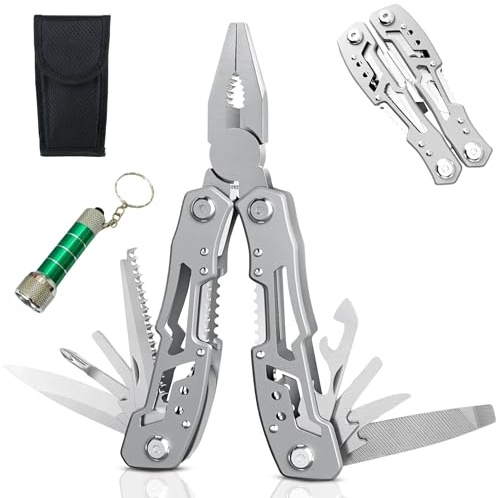 XEEMKAR | Alicates multiusos, incluye linterna llavero, multiusos herramienta, alicates multiherramienta, herramienta multiusos, alicate multiusos, multiherramienta supervivencia (Plata)