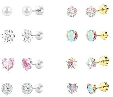 8 Paires Boucles d’Oreilles Enfant Fille Hypoallergéniques – Clous d’Oreilles Acier Inoxydable Or/Argent avec Perles, Cœurs, Fleurs, Étoiles, Cristal – Cadeau d'anniversaire et de Noël pour fille