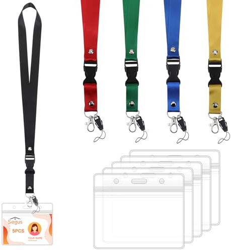 Segus Kartenhülle mit Band, 5 Stück Lanyards mit Karabinerverschluss Abnehmbar, Wasserdichte Kartenhalter mit Band, Schlüsselband zum Umhängen, für Büro, Geschäfts Messe (Horizontale)